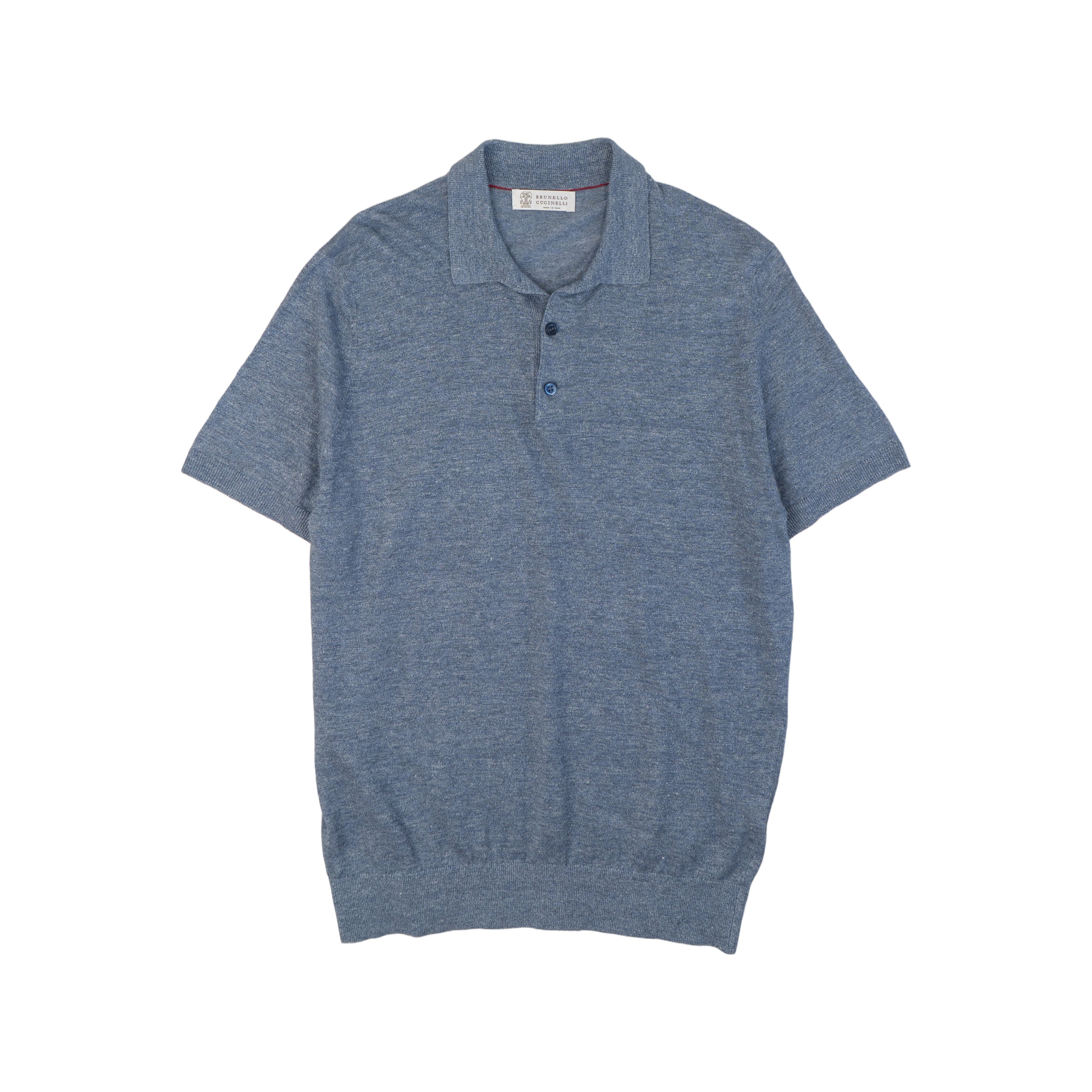 Brunello Cucinelli Blue Short Sleeve Knit Polo Front