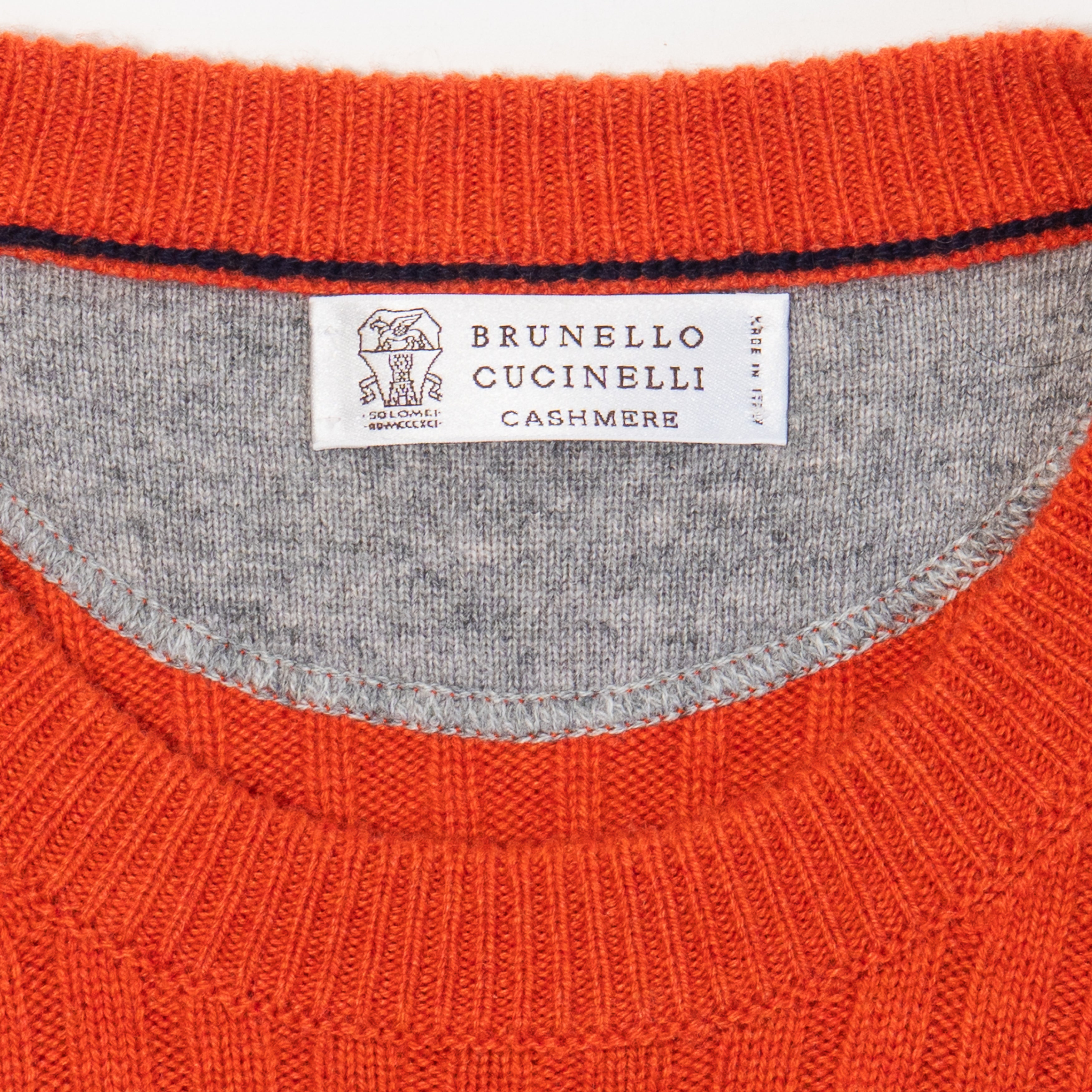 Brunello Cucinelli Orange Ribbed Crew Neck Sweater Label Detail