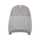 Brunello Cucinelli Taupe White Striped V Neck Sweater Front