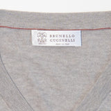 Brunello Cucinelli Taupe White Striped V Neck Sweater Label Detail