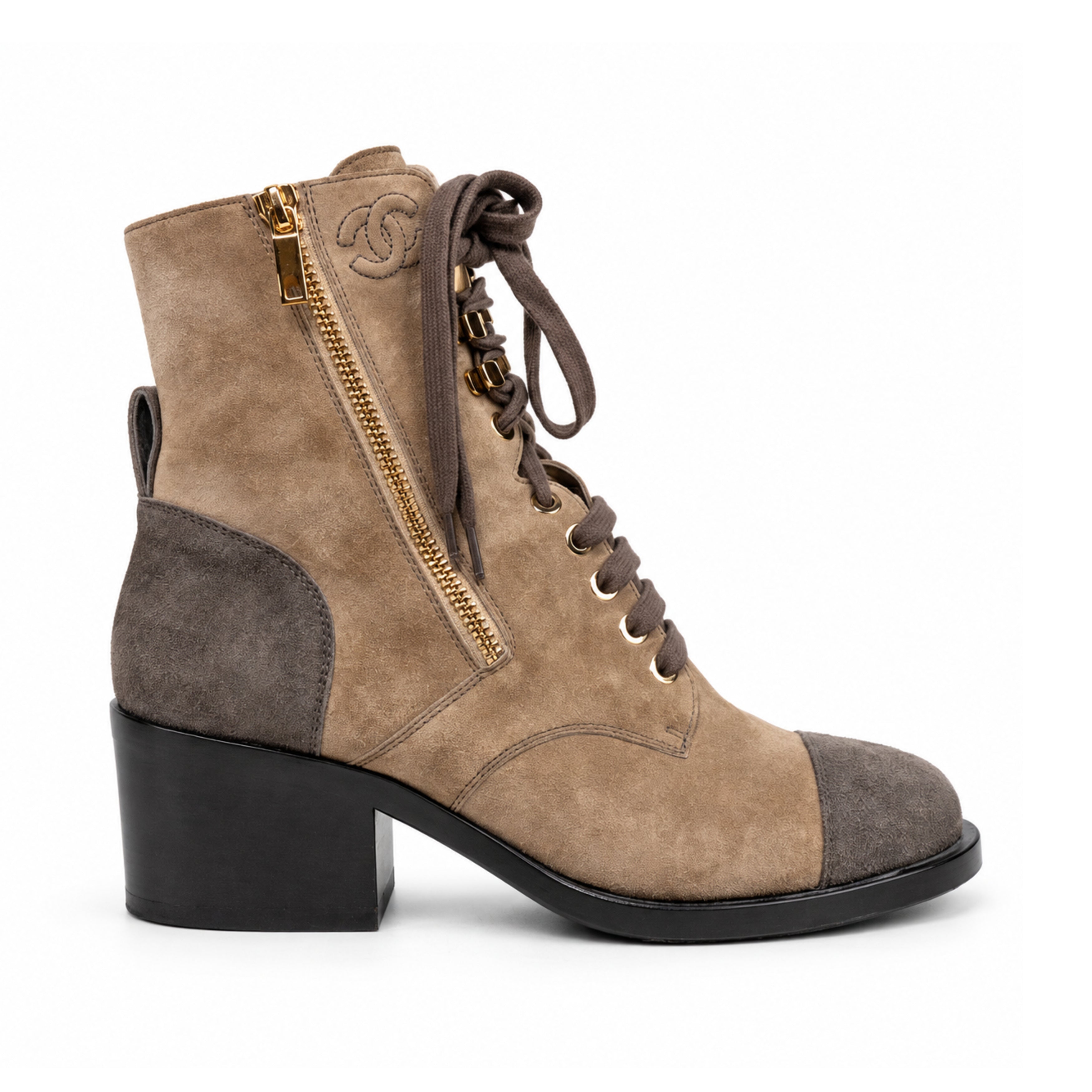 Chanel taupe suede lace up ankle boots 02 side
