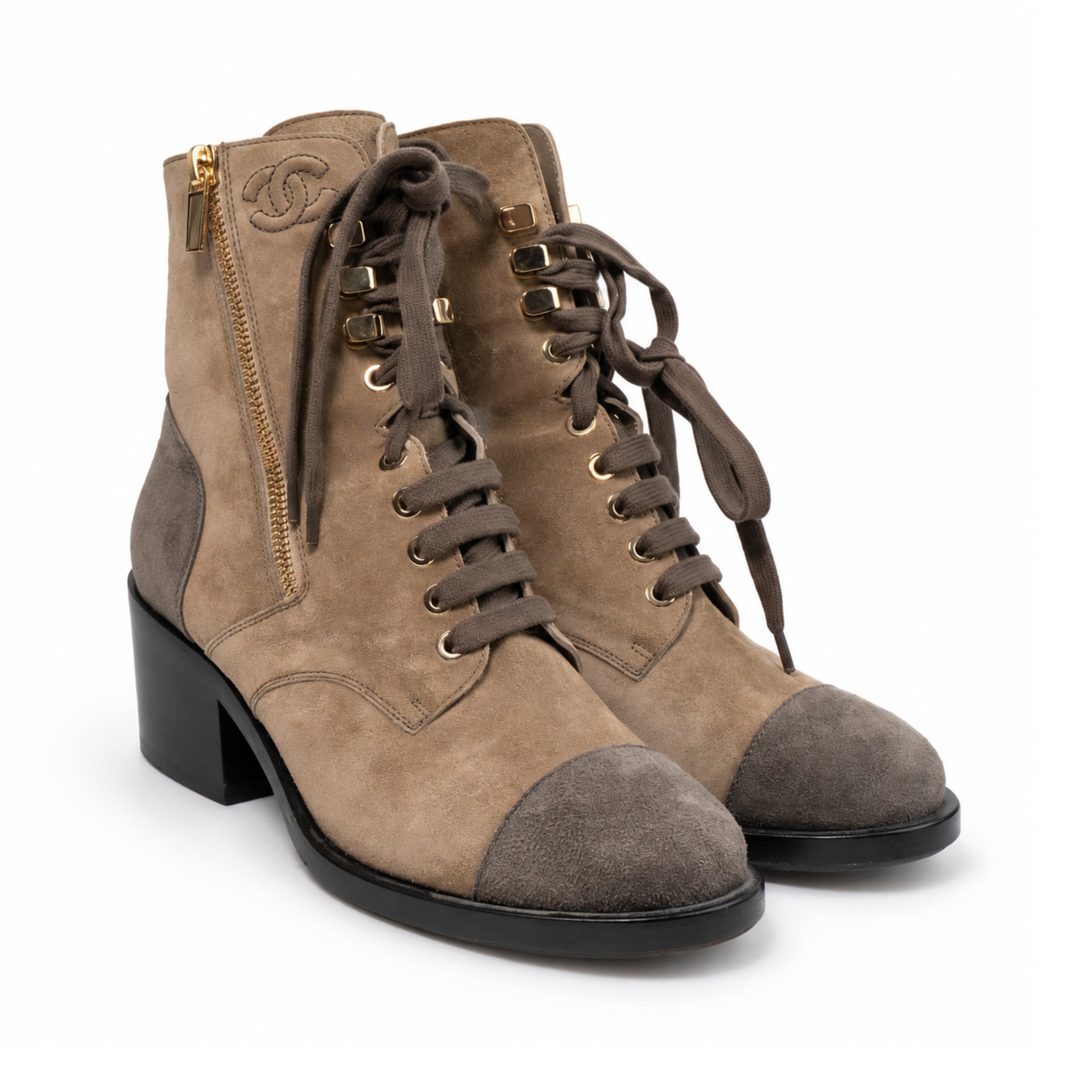 Chanel taupe suede lace up ankle boots 01 three quarter
