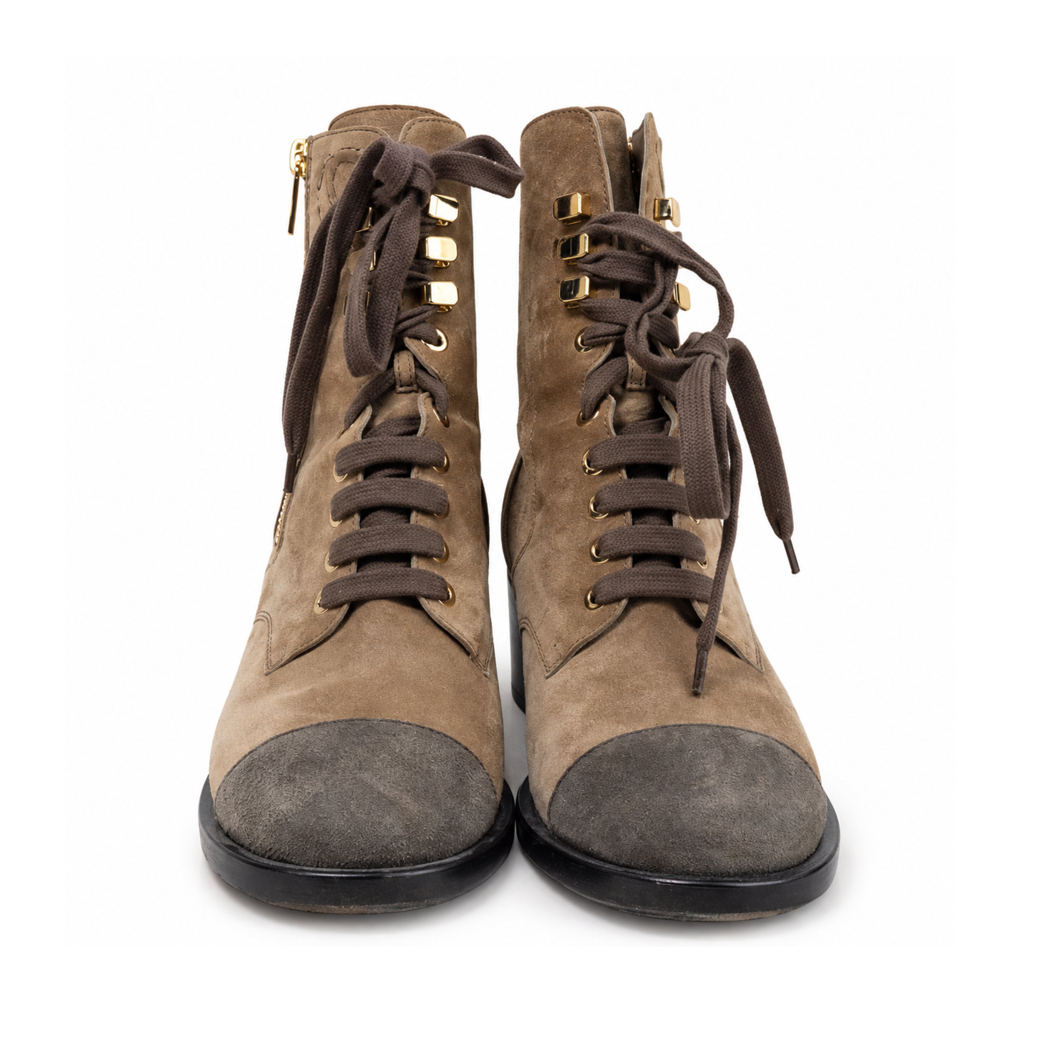 Chanel taupe suede lace up ankle boots 03 front