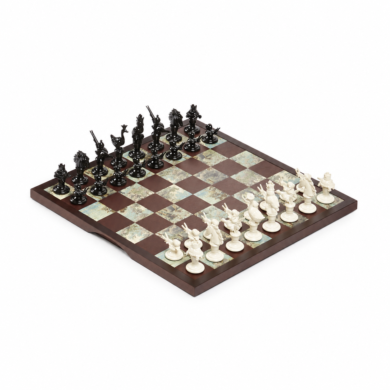 Gucci decorative chessboard with black and ivory animal pieces, angled view — AI-edited manufacturer reference image.