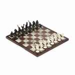 Gucci decorative chessboard with black and ivory animal pieces, angled view — AI-edited manufacturer reference image.