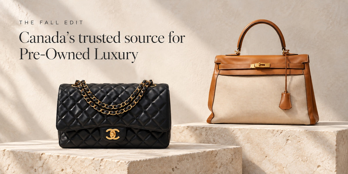 The Fall Edit — Chanel flap and Hermès toile Kelly on pale stone plinths