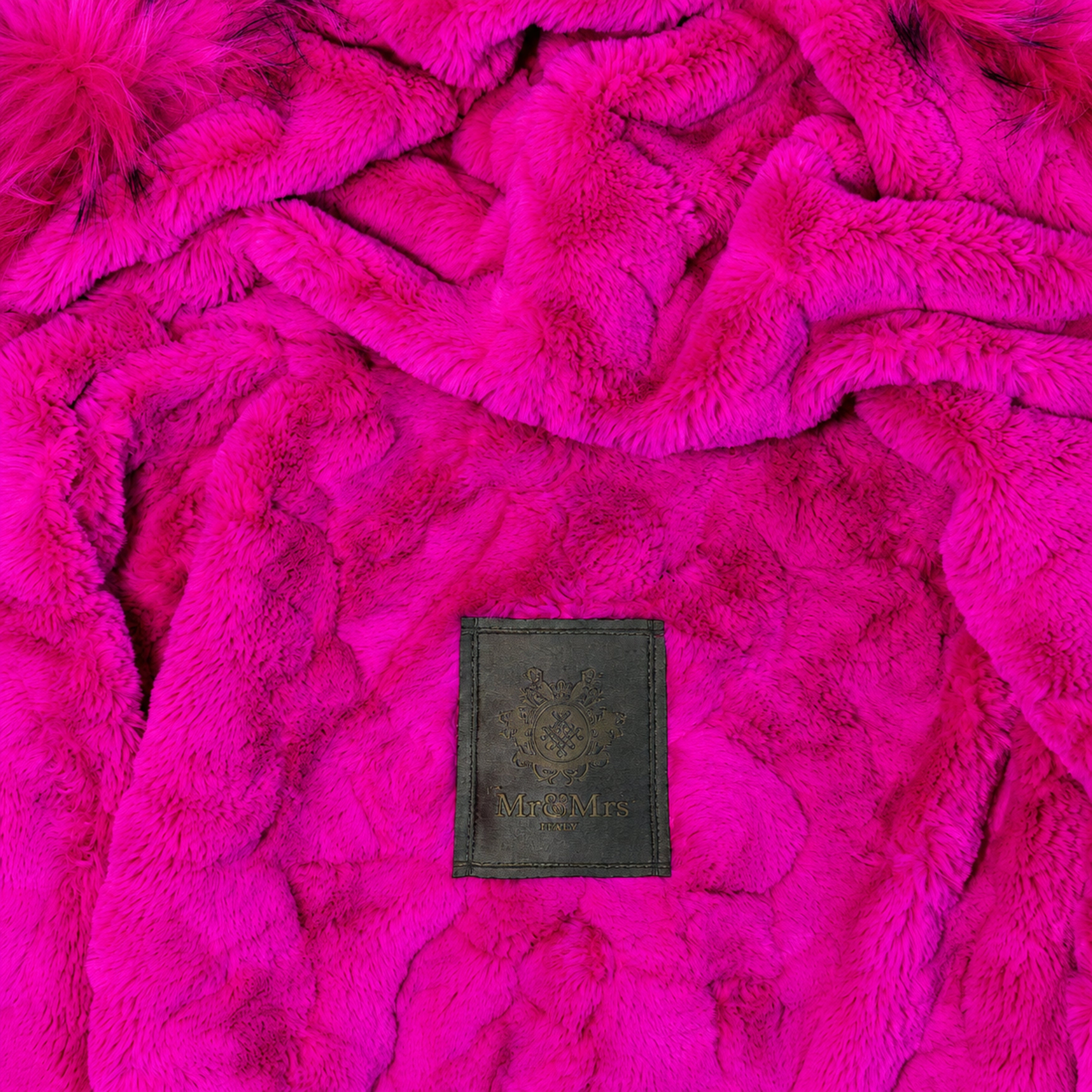 Mr and Mrs Italy Olive Pink Fur Parka label detail