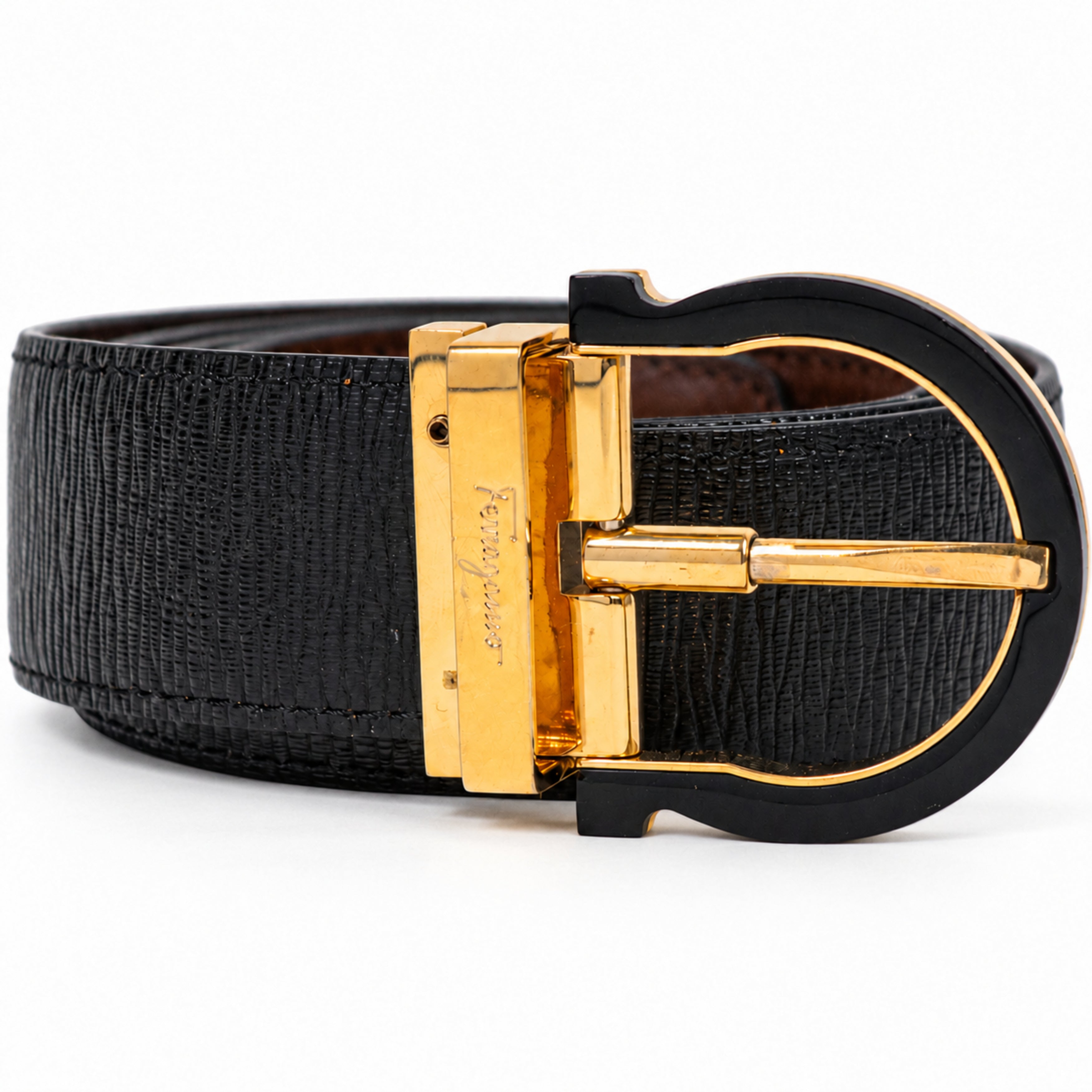 Ferragamo black belt buckle detail
