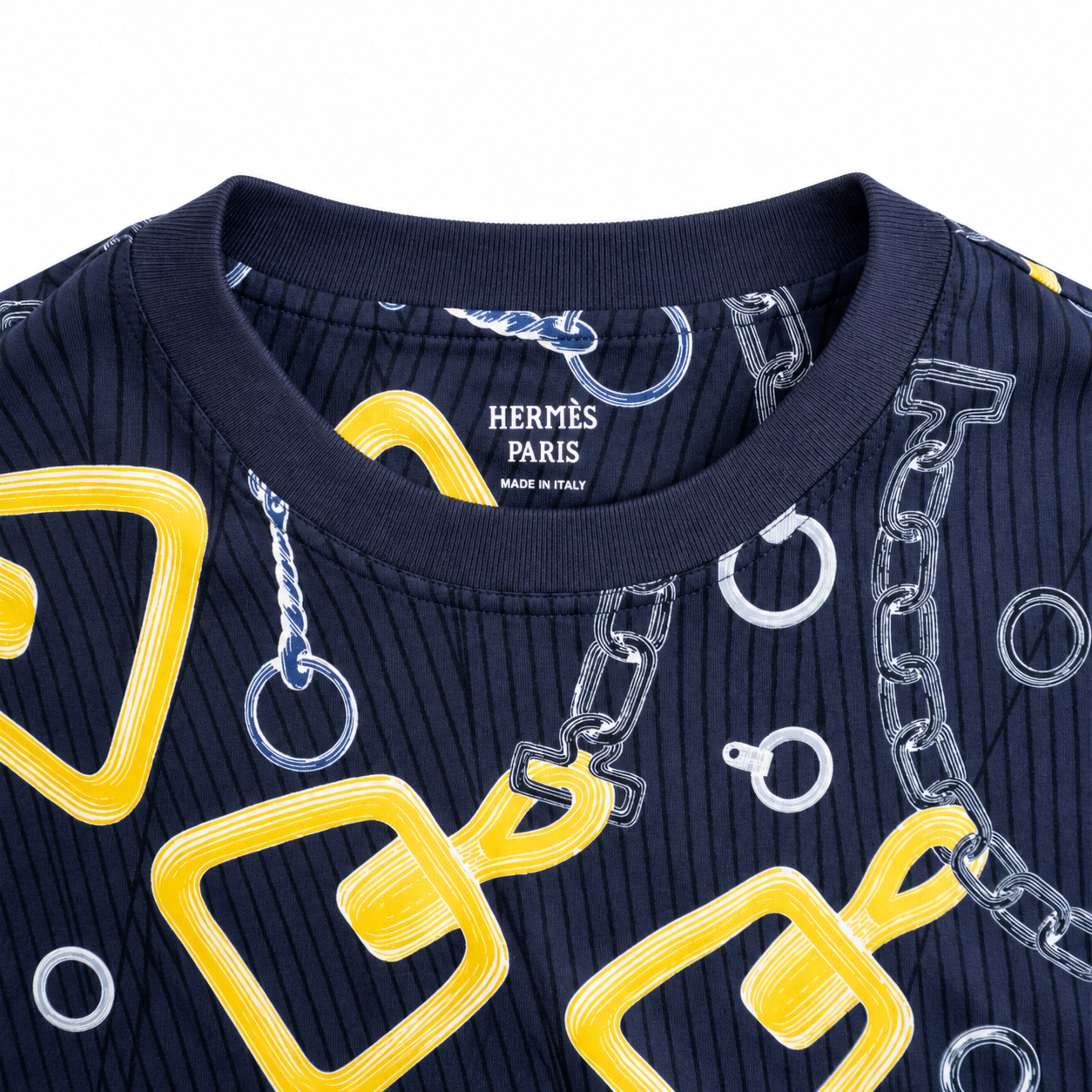 Hermes navy yellow printed dress label detail