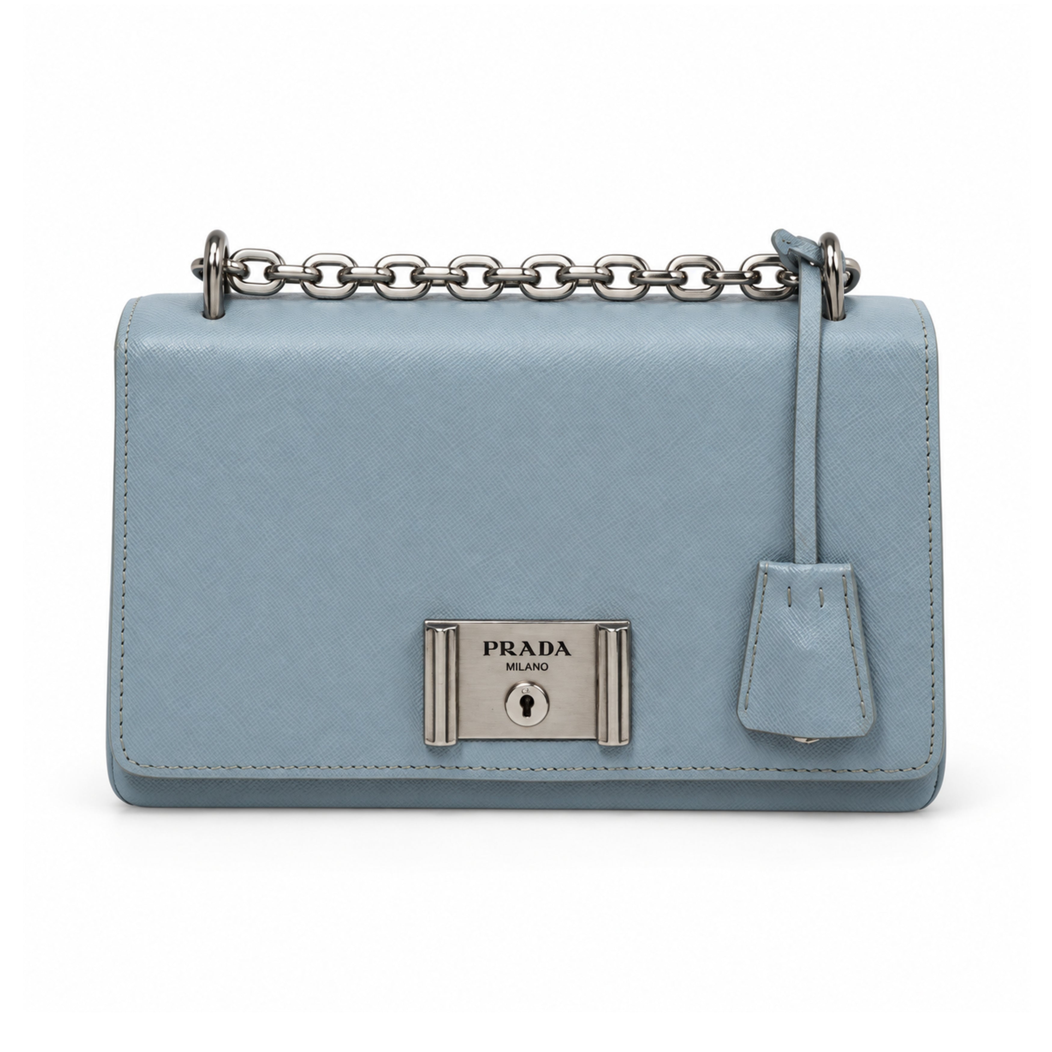 Prada light blue leather flap bag 02 front alternate