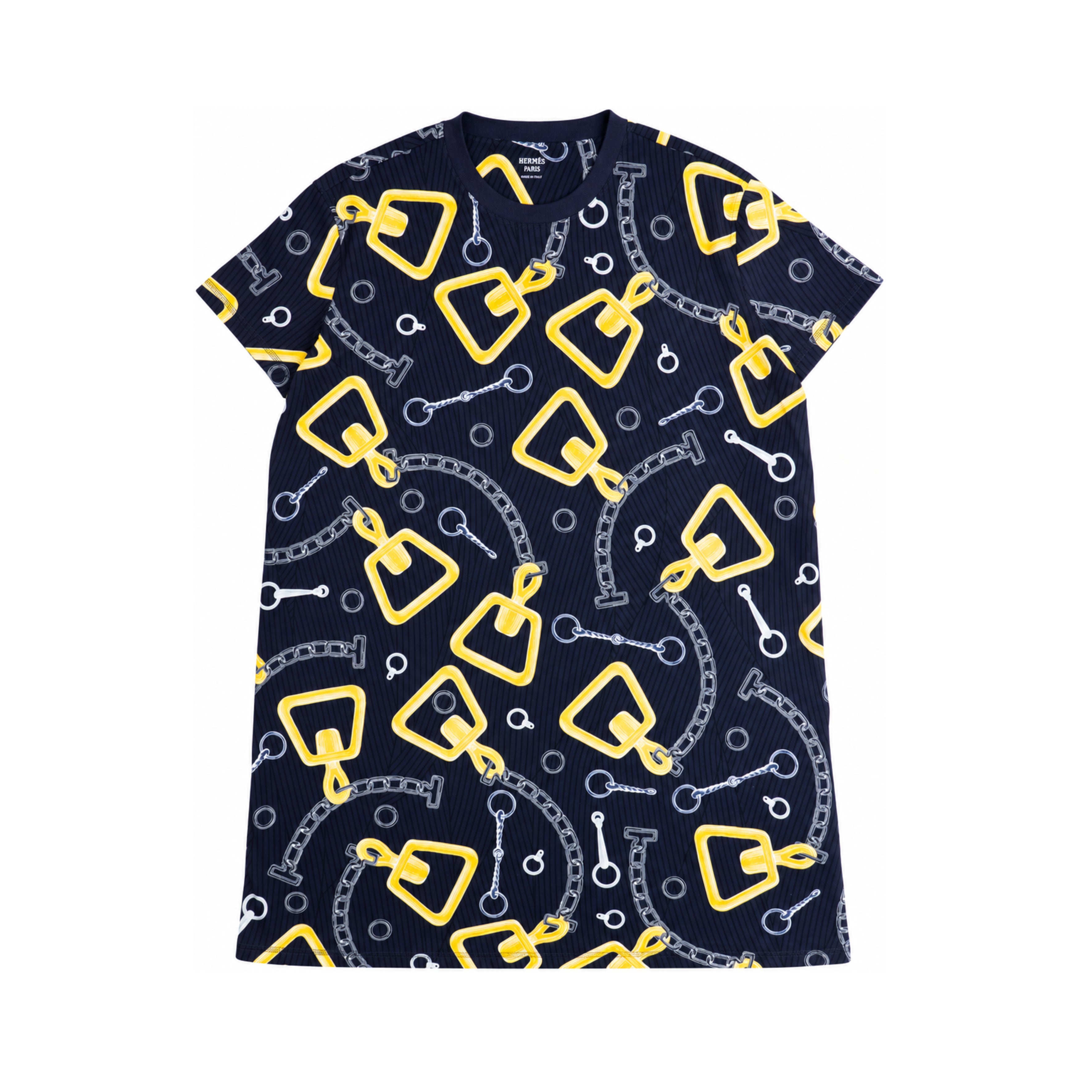 Hermes navy yellow printed dress front