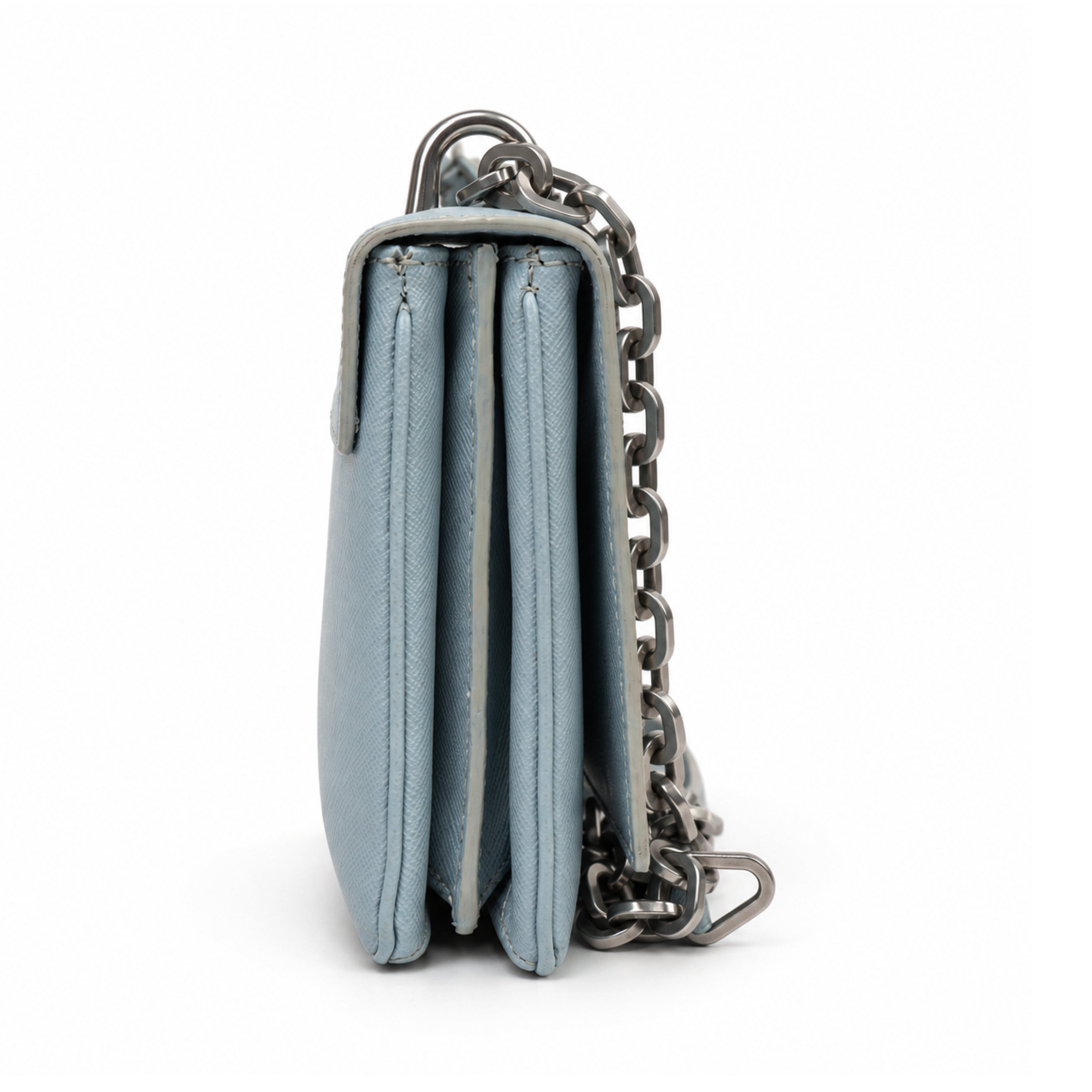 Prada light blue leather flap bag 05 left side
