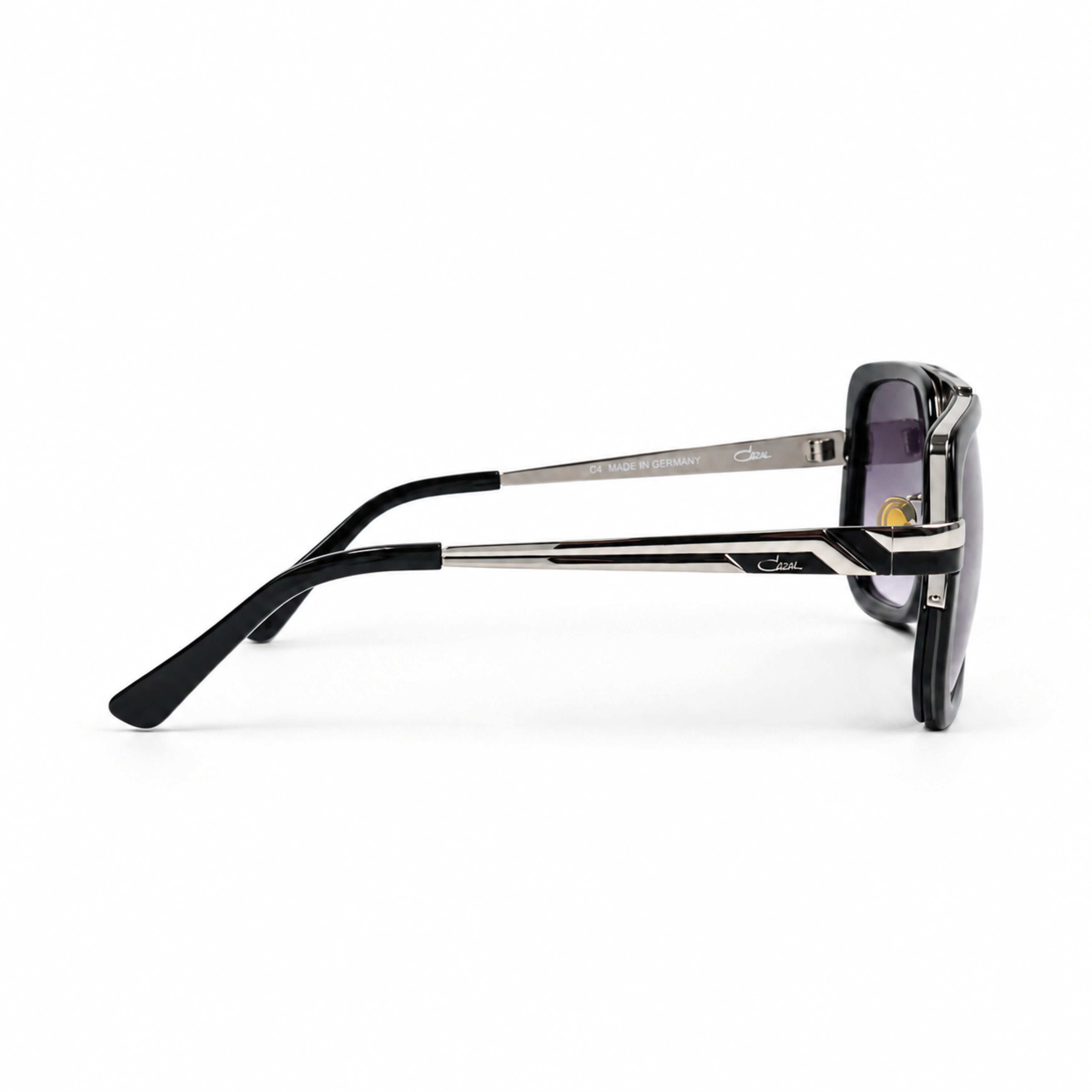 Cazal black silver purple lens sunglasses side