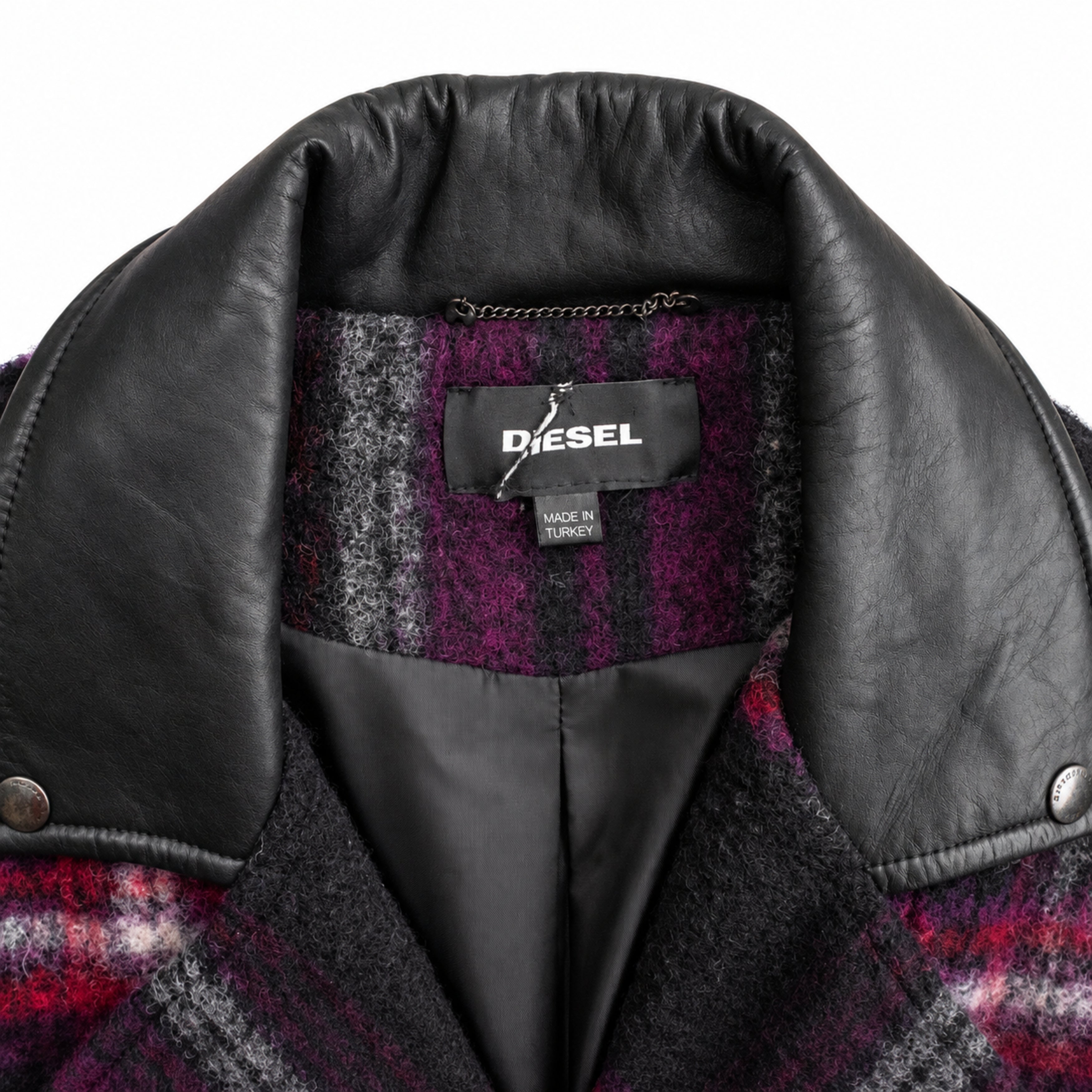 Diesel purple black plaid coat label detail