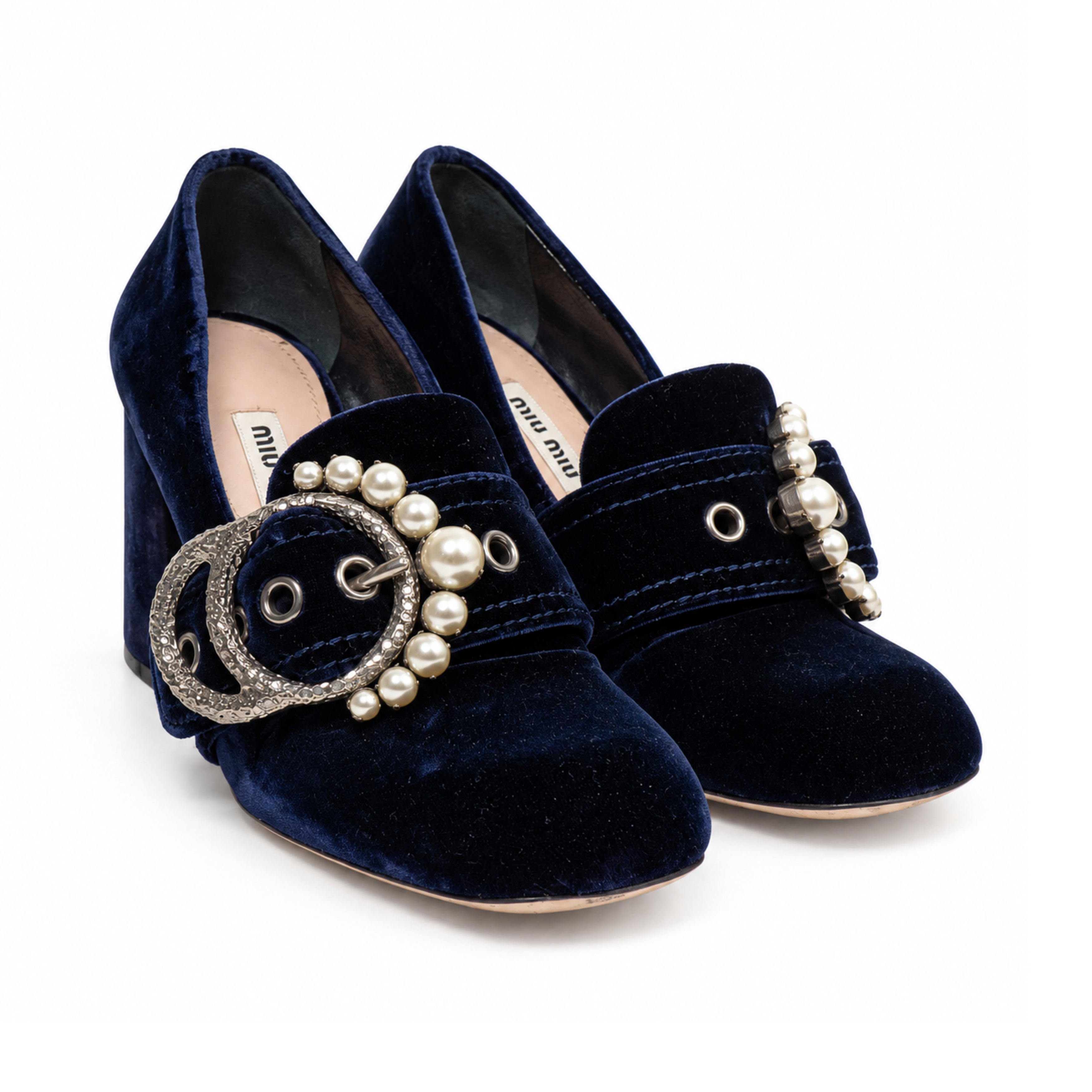 Miu Miu navy velvet pumps 01 three quarter