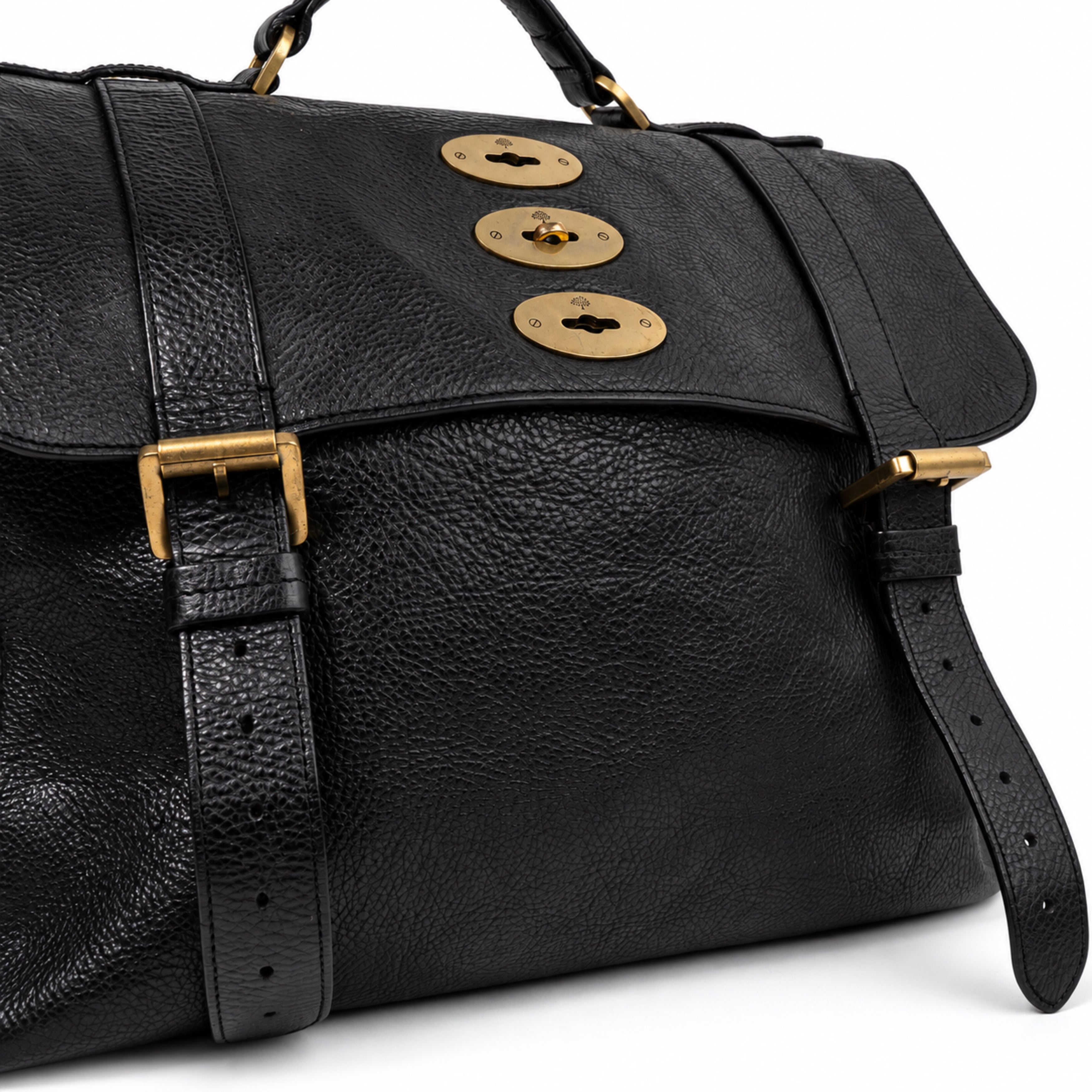 Mulberry black satchel bag 13 front buckle detail